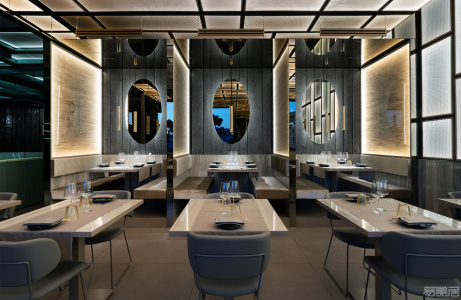 国外餐厅设计案例：水泥灰与暖色金属结合，营造富有张力的几何视觉